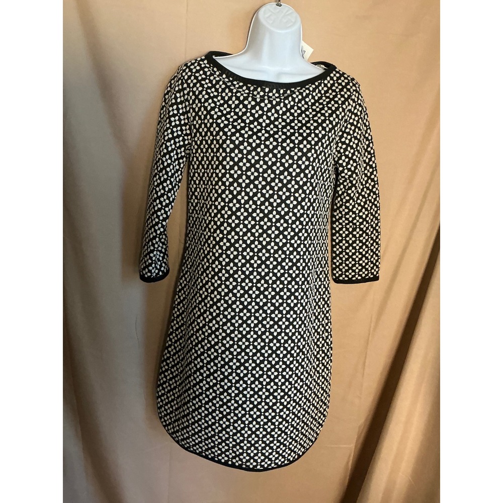 Max Studio Shift Dress Womens Small Black White New Floral Jacquard 3/4 Sleeve